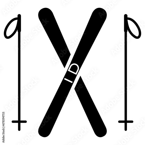 Pair of skiing icon. Silhouette of pair ski with ski poles. Vector illustration