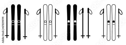 Set of skiing icons. Pair ski with ski poles. Winter mountain sport. Vector illustration