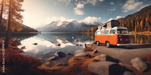 A van traveling at sunset in nature at the Lake in the mountians, road trip to adventure and freedom