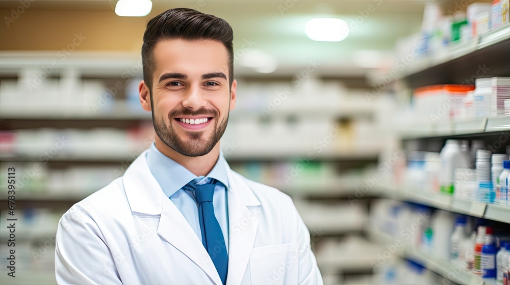 Close-up portrait of a smiling male pharmacist against a background of pharmacy shelves with medicines. A confident professional. Can be used for advertising, marketing or presentation.