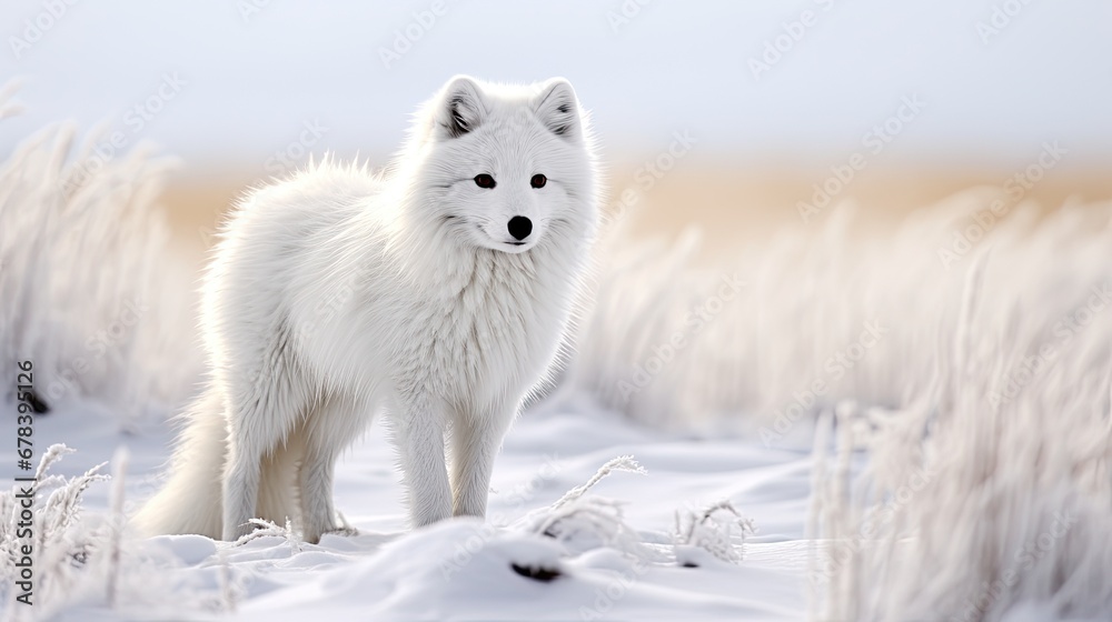 Close-up of fox face with white fluffy fur.  Animal in habitat in monochrome style. Illustration for cover, card, interior design, brochure or presentation.