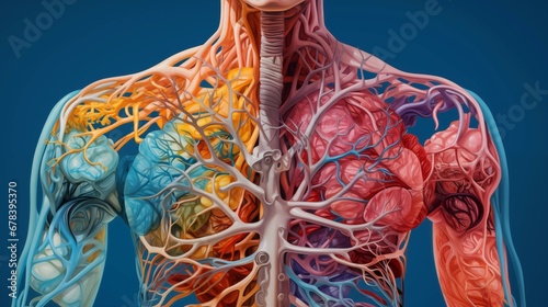 Hyper-Detailed Human Anatomy and Physiology Illustration in Realistic Style with Sky-Blue and Dark Orange Accents, Featuring Vines, Cyan, Yellow, and Multilayered Composition photo