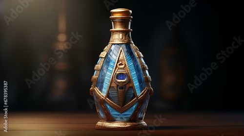 Nuvo Bottle in Egyptian Style: A 3D masterpiece with precise linework, rich blue and yellow hues, and intricate geometric details. A visual enchantment and eye-catching design photo