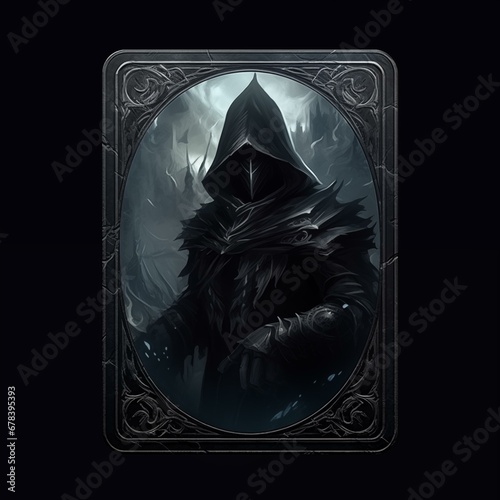 Fantasy board game card design concept. simple template. Dark medieval design featuring epic warriors, mythical creatures. Perfect for RPG. black and silver colors.