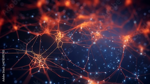 Neural network. Artificial intelligence concept. A beautiful network of neural connections. Neon colors. Futuristic technologies. Cyberpunk. Realistic 3D render. AI. Science data network background.
