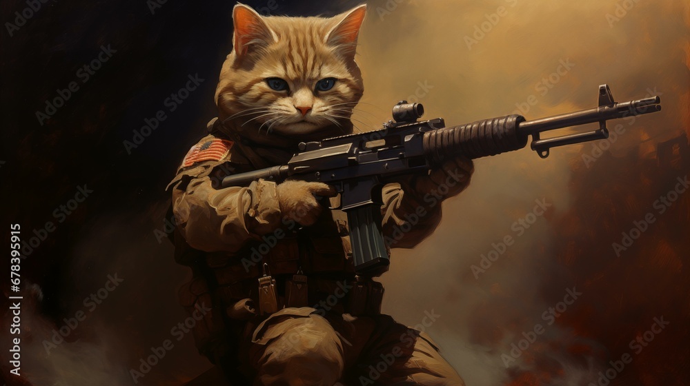 Cute soldier cats. A stern cat in military uniform and with a rifle. Holds a gun in his paw. Realistic style. Oil painting. Cute soldier cats. A stern cat in military uniform and with a rifle. Holds a gun in his paw. Realistic style. Oil painting.