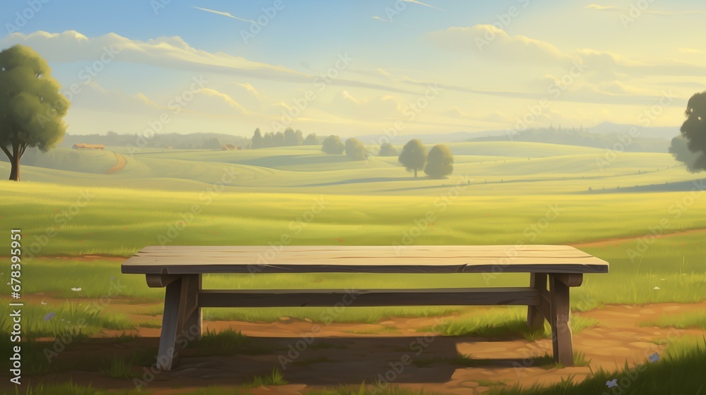 Table in the field. Summer landscape. Detailed farm field scene. A serene, chilly landscape. Template for banner, cover. Realistic style. Simple cartoon design