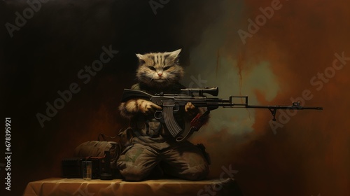 Cute soldier cats. A stern cat in military uniform and with a rifle. Holds a gun in his paw. Realistic style. Oil painting.