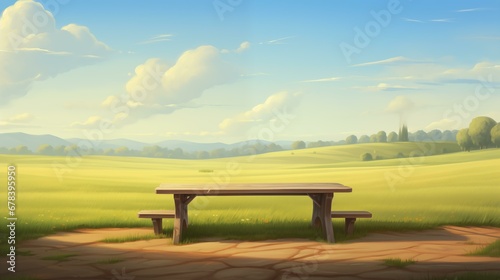 Table in the field. Summer landscape. Detailed farm field scene. A serene, chilly landscape. Template for banner, cover. Realistic style. Simple cartoon design
