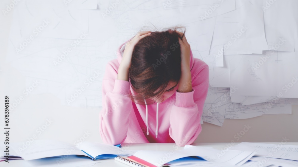 Stressed student studying at desk. Stressed student studying at desk.