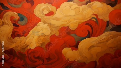 Asian Abstract: Dynamic swirls of crimson and amber form an ornate, modern interpretation of traditional Eastern aesthetics, perfect as a vibrant and cultural background photo