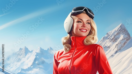 Beautiful woman smiling. Pin up. Ski resort advertisement. Snow mountains. Template for banner, flyer, cover. Place for text. Fantasy style. Oil painting. Realistic photo style. Vintage retro style.