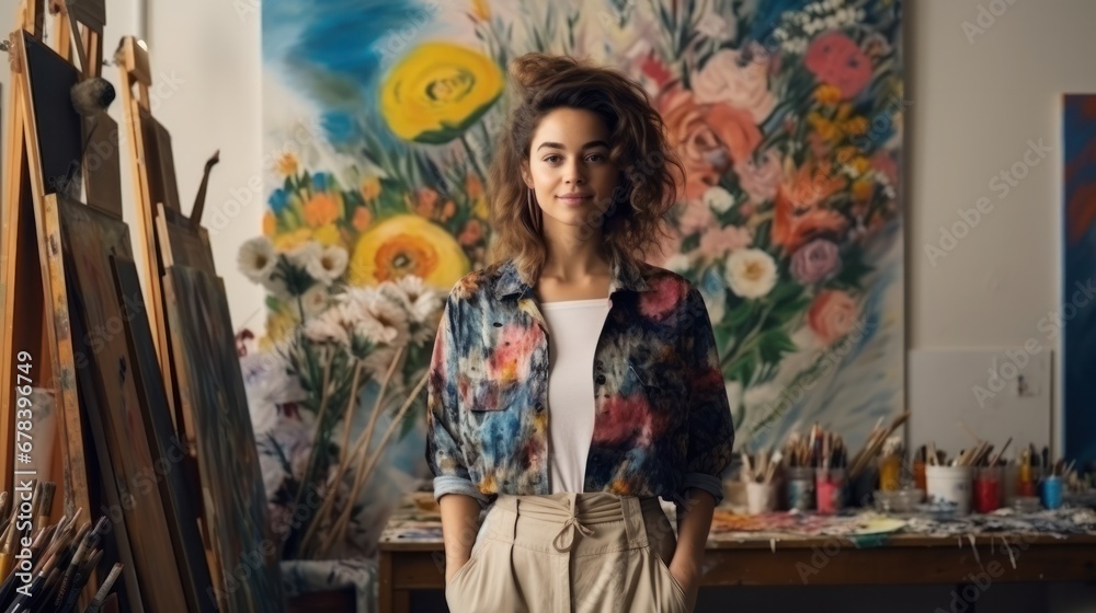 Artist standing in front of her painting studio. Artist standing in front of her painting studio.
