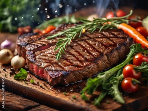 Grilled beef steak with herbs and vegetables on wooden cutting board.