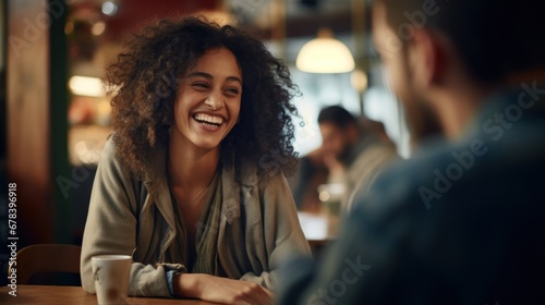 A woman with curly hair smiling at a man in a coffee shop, creating a warm and friendly atmosphere.