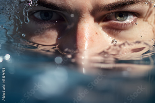 close up di occhi di un nuotatore mentre sta nuotando ed emerge dall'acqua photo
