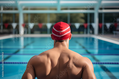 Nuotatore di spalle davanti alla piscina olimpica con cuffia bianca e rossa photo