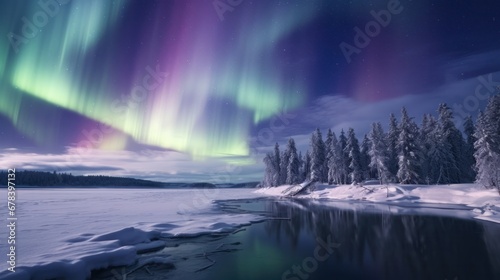 Stunning display of the aurora borealis, also known as the northern lights, illuminating the night sky.