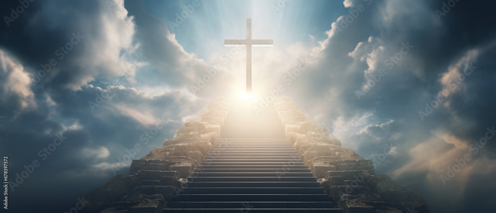 Stairway to heavenly light with a cross symbolizing resurrection and the entrance to heaven with skies and clouds. Generative AI
