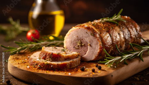 Sliced roast pork roulade, sprinkled with salt and pepper or seasonings, placed on a wooden photo
