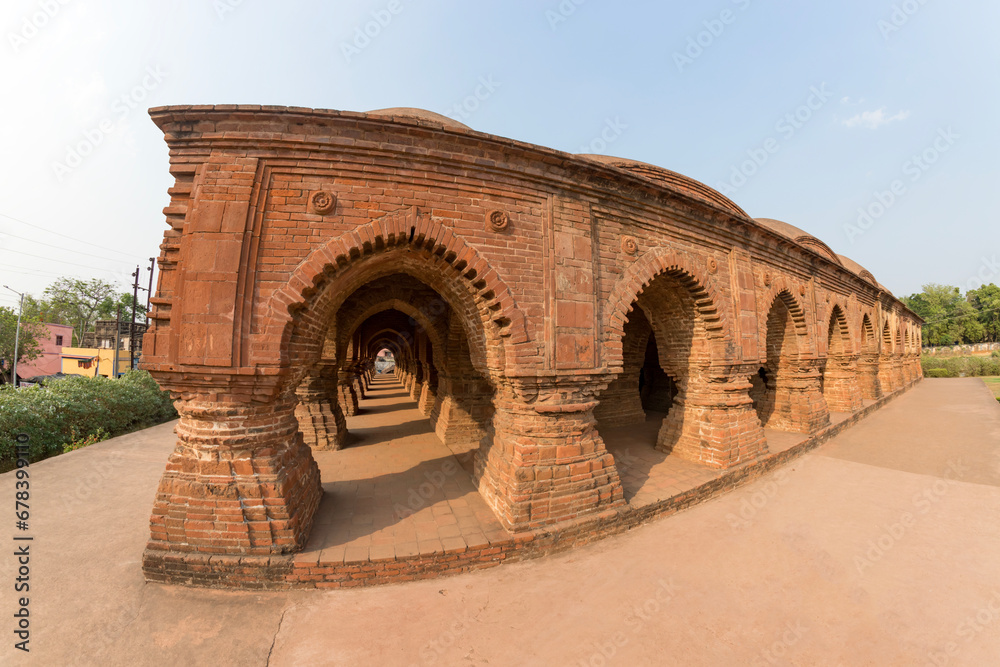 Ornately carved terracotta Hindu temple constructed in the 17th century Ras Mancha Interior walls of Ras Mancha, at bishnupur,west bengal India.