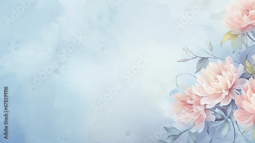 watercolor peony flowers on blue background, copy space, wallpaper