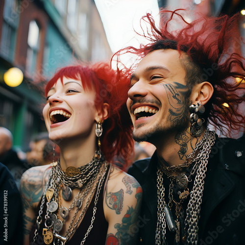 Guys and a girl with bright hair, tattoos and piercings laugh merrily, informal creative youth, close-up portrait photo