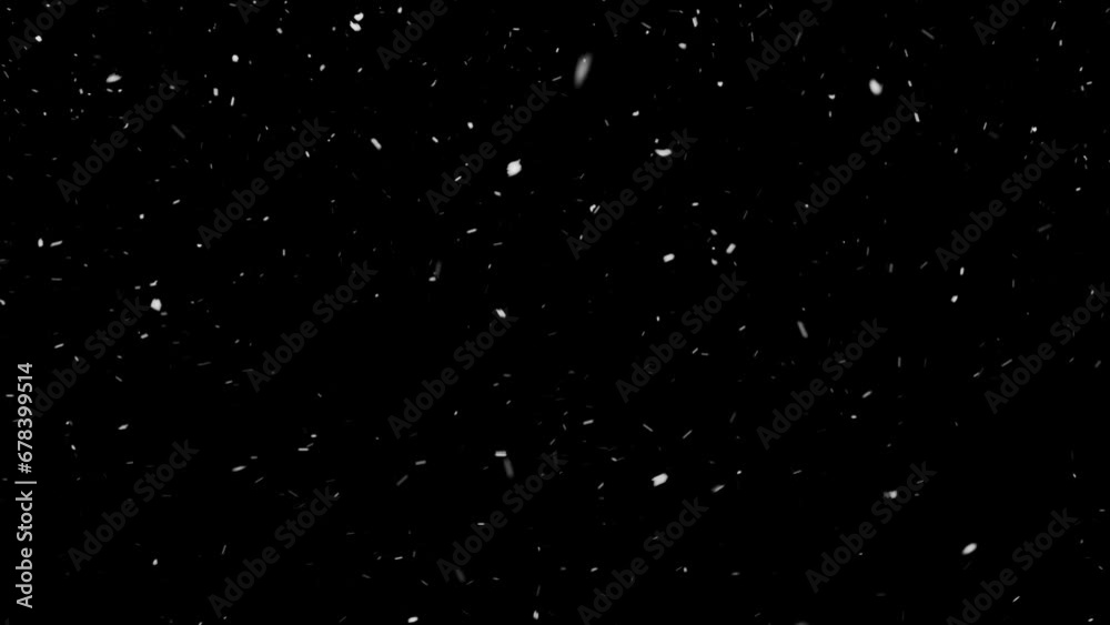 Real snow on black background, blizzard, isolated black background 4k