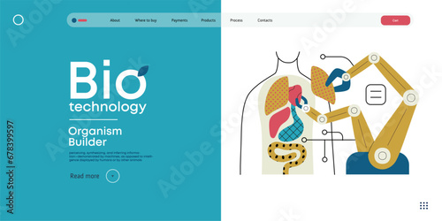 Bio Technology, Organism Builder -modern flat vector concept illustration of robot assembling organism using blocks, parts representing organ systems. Metaphor of regenerative medicine and 3D printing