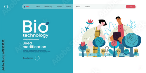 Bio Technology, Seed Modification -modern flat vector concept illustration of scientists analysing genetic modificated variants of a plant. Metaphor of direct impact of GMO on vegetation