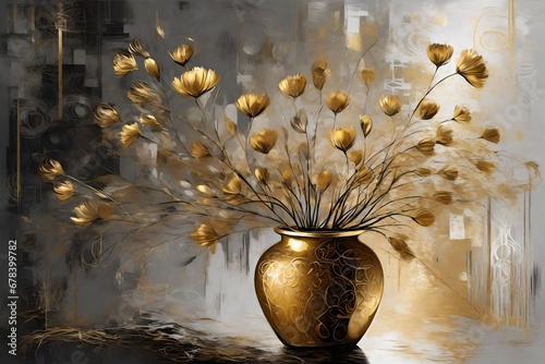 modern gold painting of abstract figurative vase of flower. The texture of the oriental style of gray and gold canvas with an abstract pattern. artist canvas art collection for decoration and interior photo