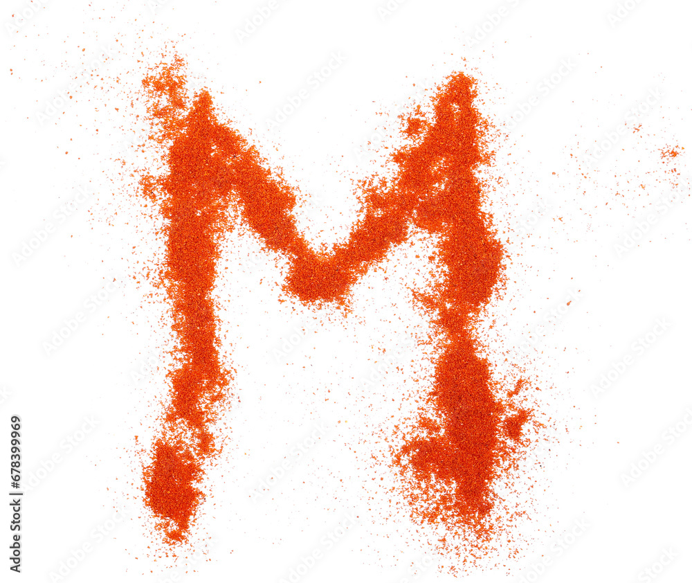 Red paprika powder alphabet letter M, symbol isolated on white, clipping path - obrazy, fototapety, plakaty 
