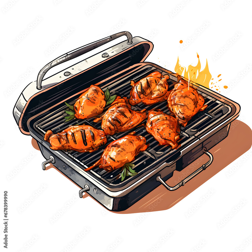 Sizzling chickens grilling on a barbecue. Simple white background. Sizzling chickens grilling on a barbecue. Simple white background.