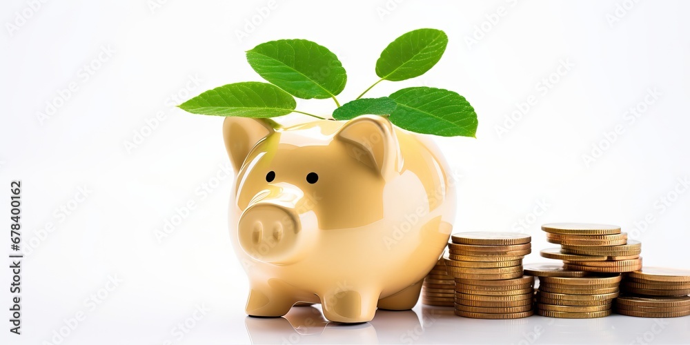 Gold pig piggy bank, a stack of gold coins and a green plant growing ...