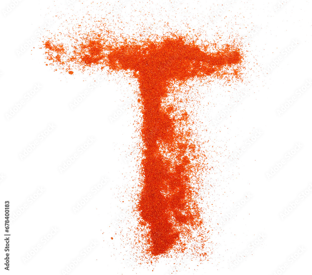 Fototapeta premium Red paprika powder alphabet letter T, symbol isolated on white, clipping path