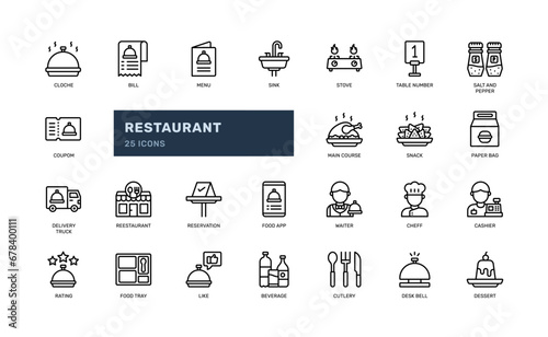 restaurant food chef kitchen cooking for dining detailed outline line icon set