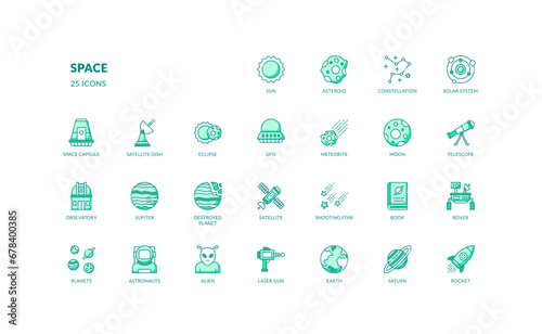 space astronomy futuristic technology cosmos detailed green color icon set