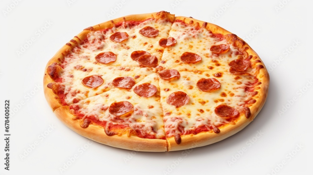 A mouthwatering pizza, steam rising from its perfectly cooked surface, isolated on a solid white background. The HD camera highlights every delicious detail in 8K resolution.