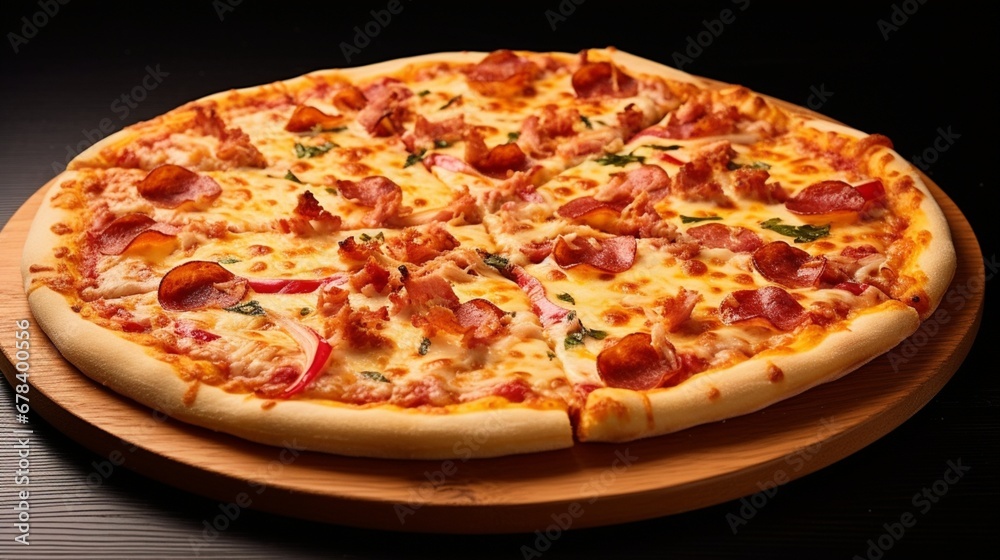A steaming hot pizza, perfectly captured on an isolated, solid white background. The HD camera highlights every delicious detail. Add 8K.