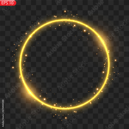 Modern gold shiny vintage frame isolated on a transparent background. Golden glowing circle frame. Abstract background. Luxury realistic element of wedding decor. Vector illustration
