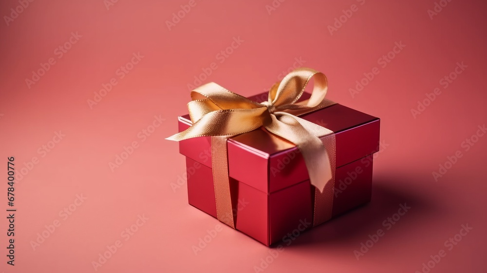Fototapeta premium A red gift box with a gold ribbon on a pink background. The concept of holiday photography. Surprise for Valentine's Day, birthday, wedding. Copy space and front view, good focused. New Year concept.