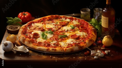 Present a highly detailed image of a pizza, with each ingredient showcased in stunning the rich tomato sauce to the golden-brown crust. Make sure the cheese is captured in its most tantalizing state