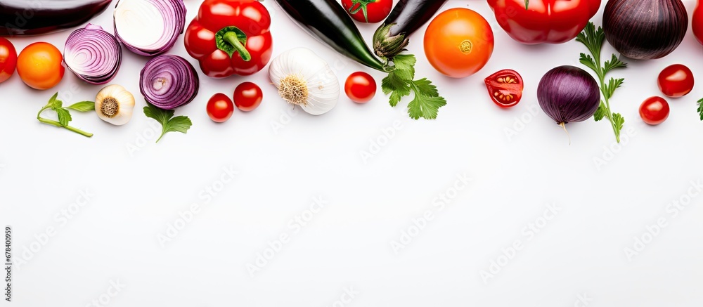 Contrasting vegetables arranged on white background from top view pattern Contrasting vegetables arranged on white background from top view pattern