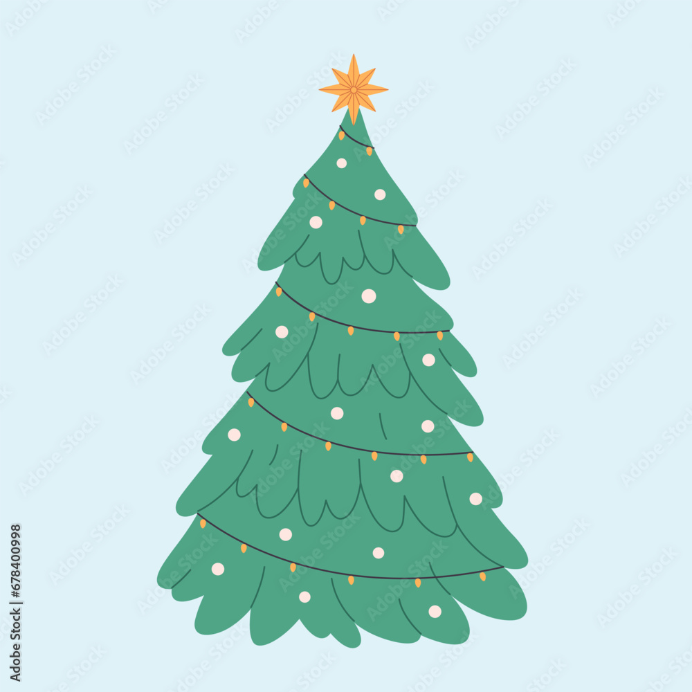 Christmas tree with garland and toys. Happy New Year and Merry Christmas. Vector illustration in flat style Christmas tree with garland and toys. Happy New Year and Merry Christmas. Vector illustration in flat style
