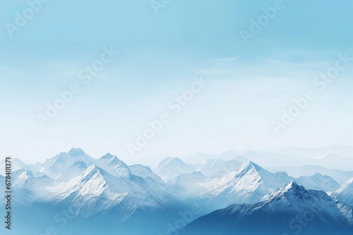 A pristine mountain range with snow-capped peaks, untouched by man, against a solid icy blue background
