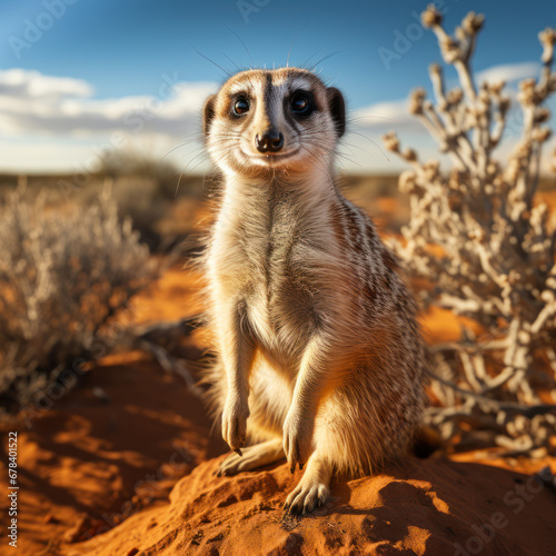 A curious meerkat standing guard on a dusty hilltop 