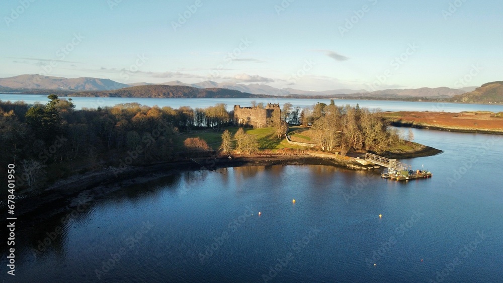Aerial view of the Dunstaffnage Castle near Oban, Scotland, UK
