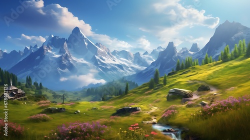 Idyllic mountain landscape in the Alps with blooming meadows in springtim
