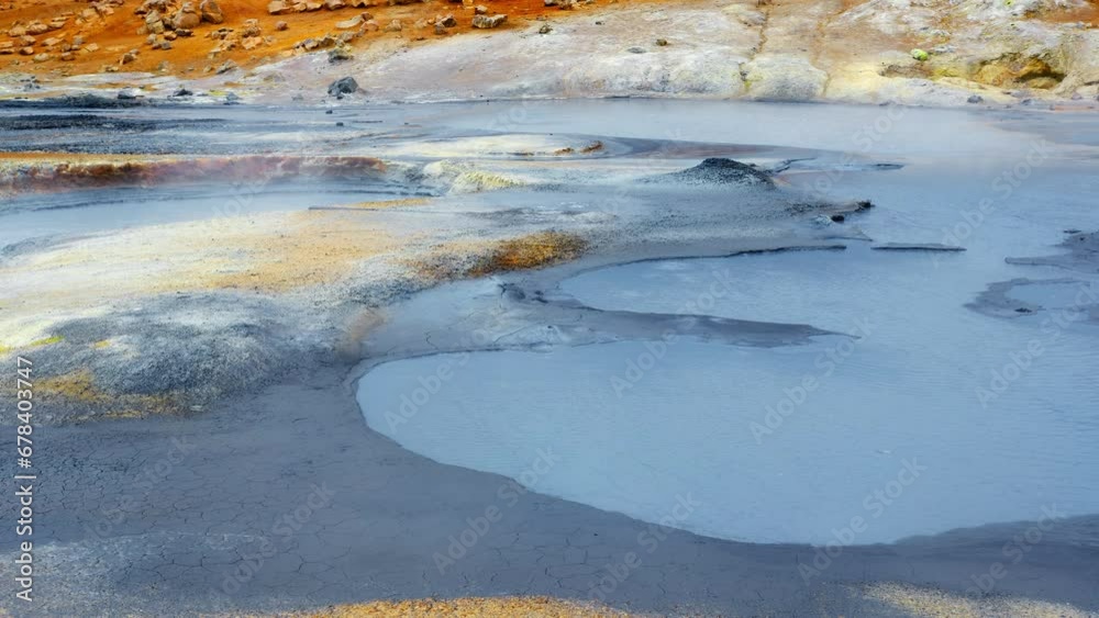 Geothermal Area in Iceland. Martian landscape at Sulfur Valley with Smoking Fumaroles. Famous tourist spot Hverir. Real Volcanic Activity near Myvatn lake. Evaporating water. Aerial view 4k Geothermal Area in Iceland. Martian landscape at Sulfur Valley with Smoking Fumaroles. Famous tourist spot Hverir. Real Volcanic Activity near Myvatn lake. Evaporating water. Aerial view 4k
