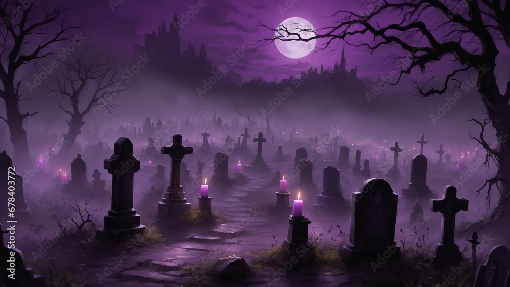 Naklejka premium Cemetery. Graveyard on a mysterious and dark night with little light. 4K - 8K - 12K TV. Generative AI.